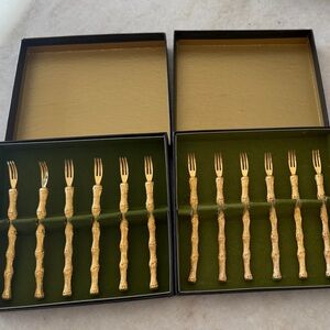 Two Sets of Gold Bamboo Cocktail Forks